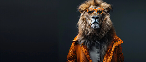 Naklejka premium Lion wearing orange sunglasses and a stylish jacket