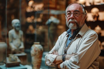 Naklejka premium Senior male archaeologist in museum storeroom