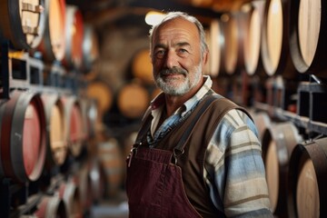 Fototapeta premium Senior male winemaker standing in a wine cellar smiling at the camera.