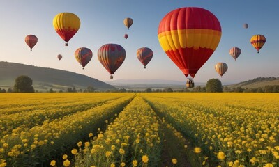 Fototapeta premium A Field of Yellow Flowers with Hot Air Balloons Flying Above