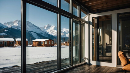 Winter cottage with a view of the snowy mountains, ski resort.