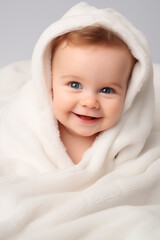 happy smiling baby in light white plain blanket, studio background