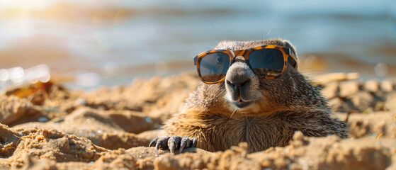 Cool marmot wearing sunglasses relaxing on the beach