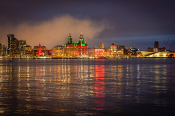 Liverpool waterfront illuminated at night 