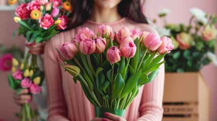 Woman in pink sweater holding bouquet of pink tulips, floral shop background with flowers and a box in the background