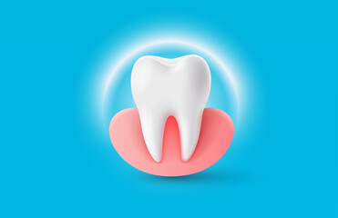 Tooth with gum, 3D illustration of a tooth on a light background. Vector illustration