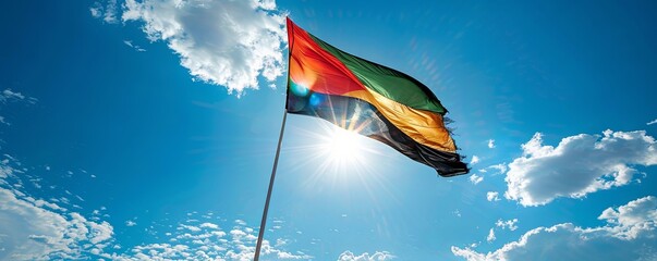 Mozambique flag fluttering against a bright, blue sky