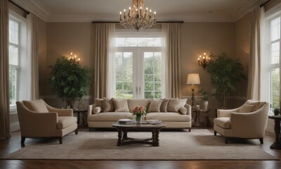 Fototapeta premium A Beautiful Living Room with White Couches and Chandelier