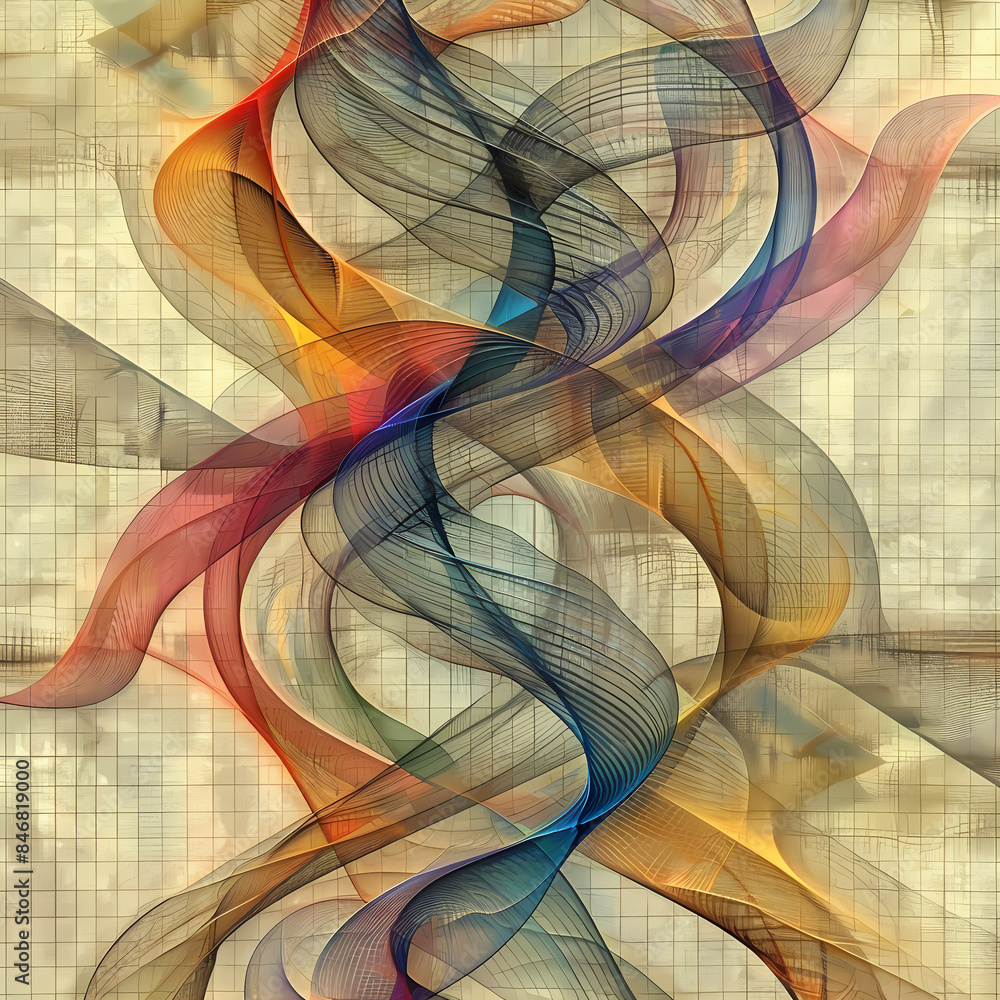 Poster abstract geometric patterns with colorful curved lines and grids on a vintage textured background. d