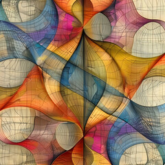 Abstract geometric patterns with colorful curved lines and grids on a vintage textured background. Digital abstract art. Album cover design.