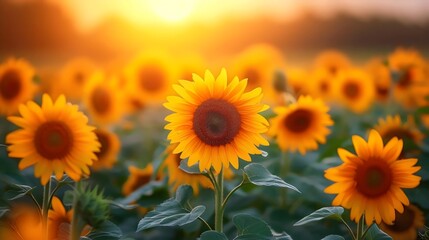 Fototapeta premium A field of sunflowers with a single sunflower in the foreground