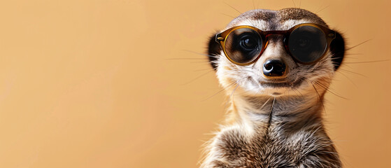 Closeup portrait of a meerkat wearing sunglasses