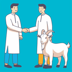 Two Muslim men are negotiating to purchase sacrificial animals for Eid al-Adha. Vector illustration in minimalist art
