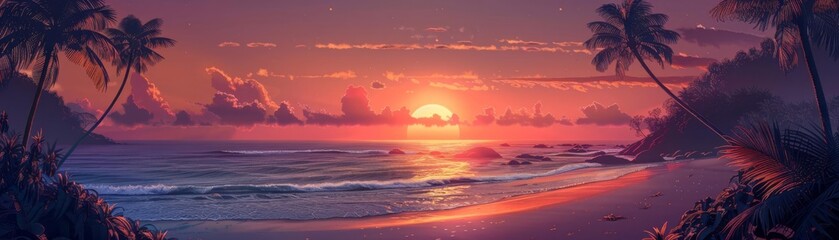 Exotic beach scene at dusk, vivid gradient sky from orange to deep purple, coconut palms framing the setting sun, serene ocean view