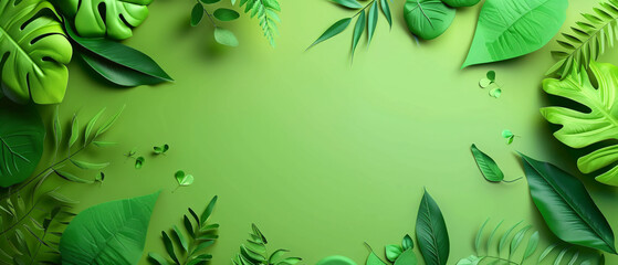 Lush green leaves and foliage on a solid green background