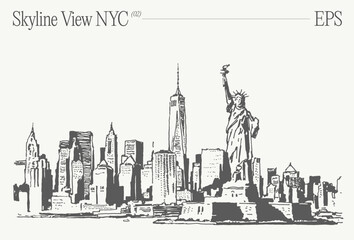 A drawing of NYC skyline with Statue of Liberty in the foreground