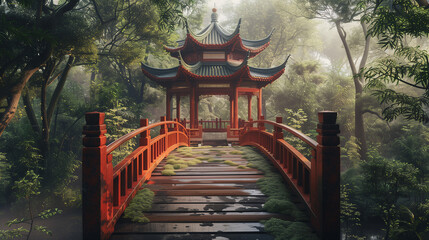 The arched bridge crosses over to an ancient Chinese style red pavilion in the middle of the forest