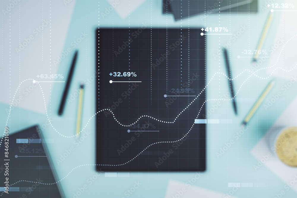 Poster abstract creative stats data concept and modern digital tablet on background, top view. multiexposur