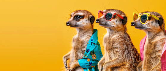 Three meerkats wearing sunglasses and shirts stand in a row against a yellow background