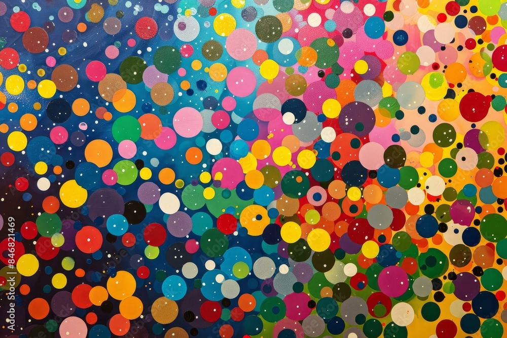 Poster vibrant and colorful abstract dot painting with a playful and joyful multicolored dotted pattern, pe
