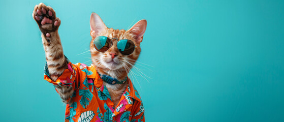 Cat wearing sunglasses and a hawaiian shirt