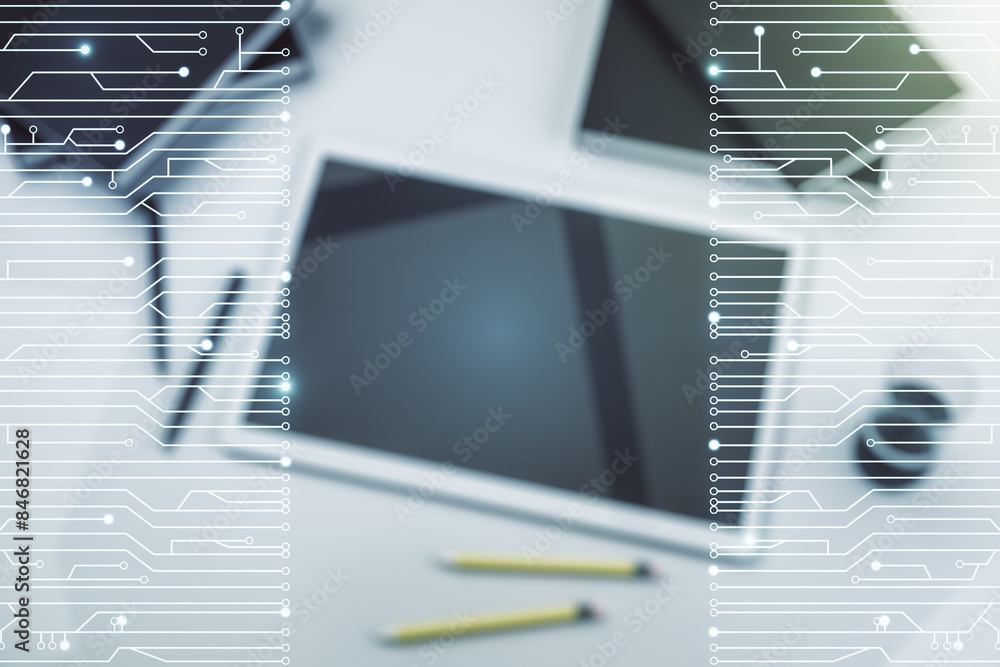Poster creative abstract micro chip hologram and modern digital tablet on desktop on background, top view, 