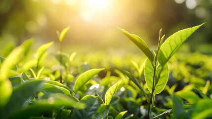Obraz premium Fresh tea leaves at tea plantation, Green tea leaves