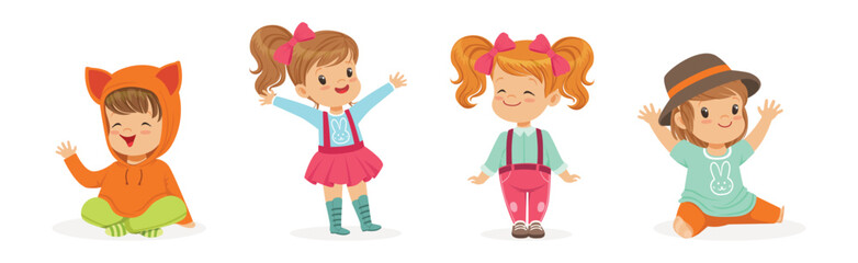 Little Kids Wearing Different Fashion Clothes Fitting New Stylish Look Vector Set