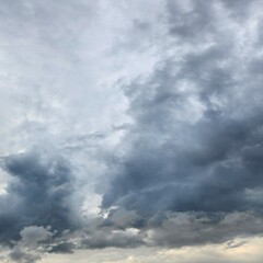 Blue sky with white clouds, bright colored cloudscape banner. Fluffy heaven pattern, aesthetic natural scene. Beautiful Cloudy background, nature environment wallpaper, panoramic view