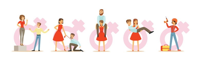 Strong Woman Character In Red Dress Have Power Vector Set