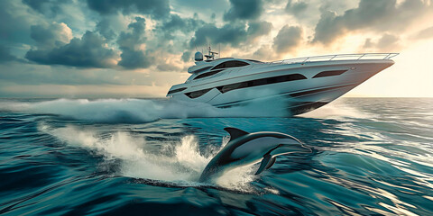 A playful dolphin leaping along with a luxury yacht at sunset. Yacht and dolphin interaction.