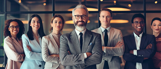 Concept of diverse multi-ethnic business team with male and female professionals and mature and experienced leadership. Portrait of diverse corporate team led by mature leader in modern office.