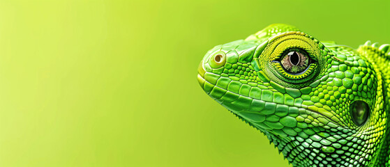 Fototapeta premium Closeup of a bright green iguana on a green background