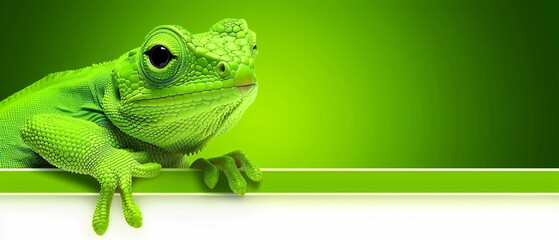 Green lizard on a white surface with a green background