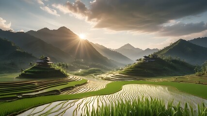 Fototapeta premium Generative AI. Admiring the intricate beauty of rice terraces carved into the mountains