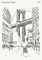 Manhattan Bridge in the New York city. Hand drawn vector illustration, sketch.