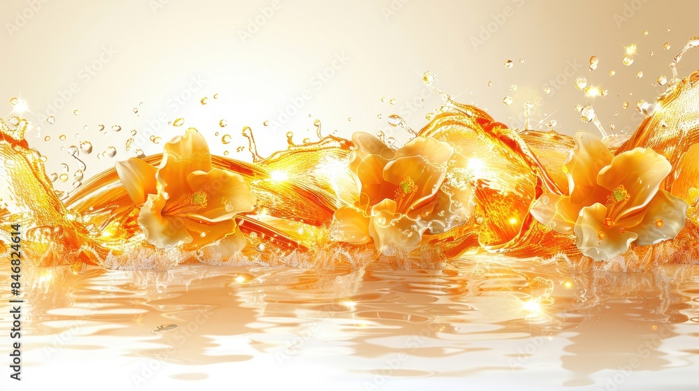 Poster abstract image with bright orange flowers and splashing liquid, creating a vibrant and dynamic scene