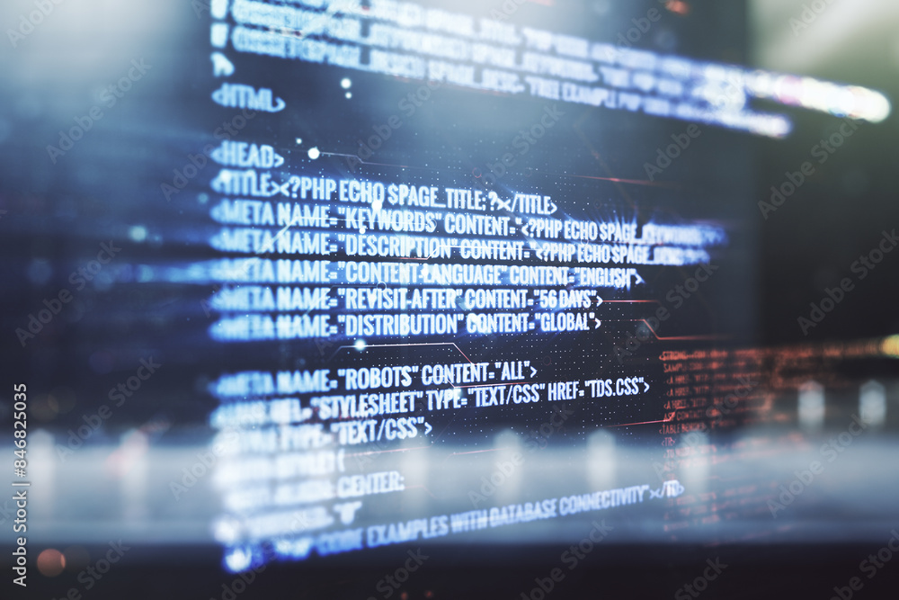 Poster multi exposure of abstract graphic coding sketch on blurry contemporary office building background, 