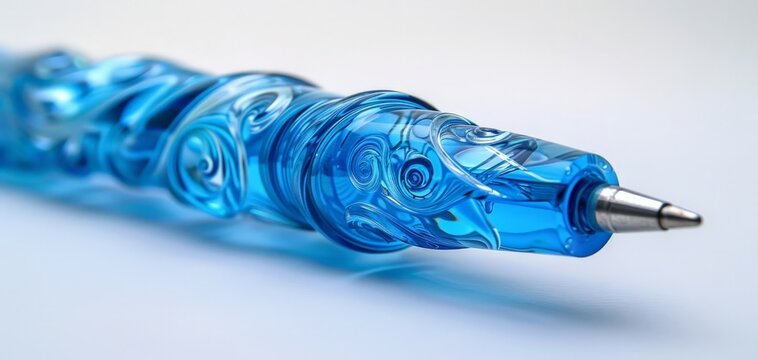 Blue fountain pen on white surface, showcasing a beautifully crafted nib and barrel.