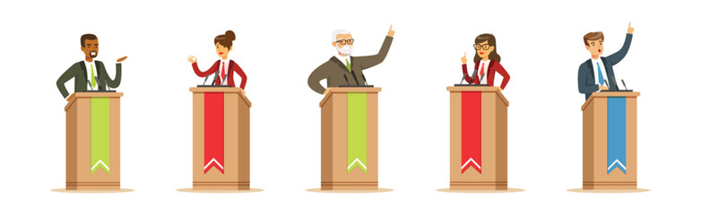 Man and Woman Speakers Speaking Behind Podium with Microphone Vector Set