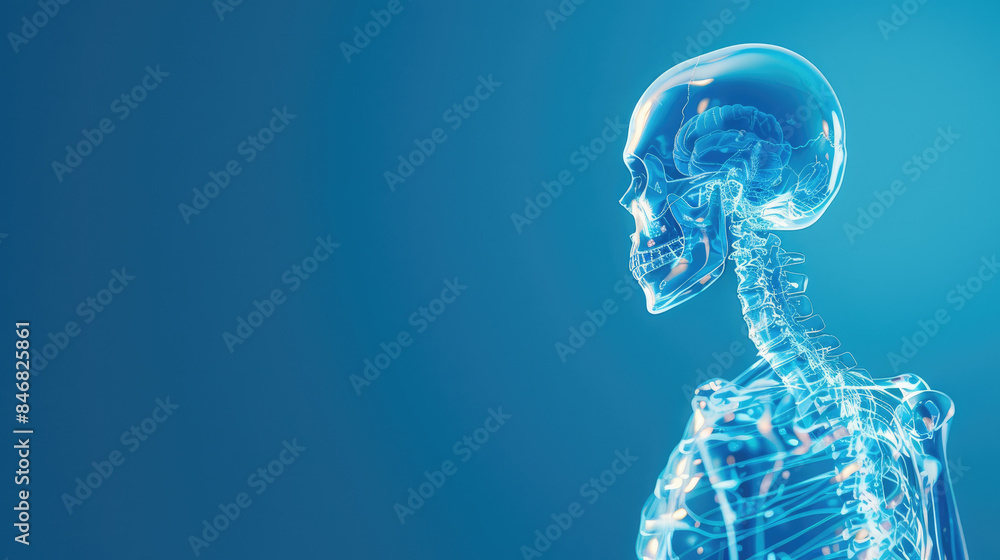 Poster skeletal system full-body x-ray on blue gradient with copy space. clear skeletal outline provides de