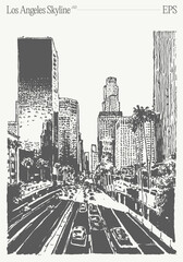 Los Angeles skyline, California. Highway in the foreground. Hand drawn vector illustration, sketch.