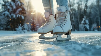 White figure skates glistening ice, reflecting sunlight closeup. Traces of skate blades, frozenched surface. Seasonal winter sport. Woman legs skating rink close up. Holiday activity Forest background