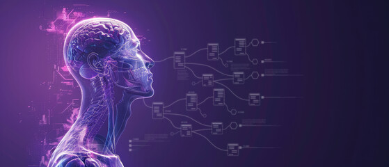 Full body scan outlined on dark purple background. Perfect for medical diagnostics, healthcare technology, and digital health research illustrations.