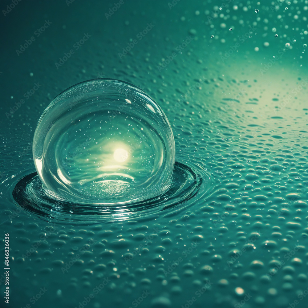 Poster vector design featuring a luminous sphere surrounded by glowing bubbles and circles in various shade