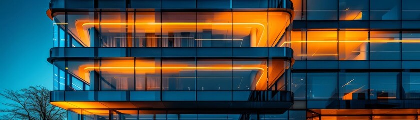 Illuminated office building facade at dusk, with warm and cool lights highlighting the architectural design