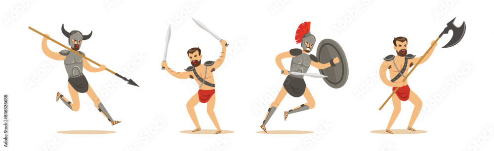 Poster man spartan powerful warrior character with sword and spear vector set