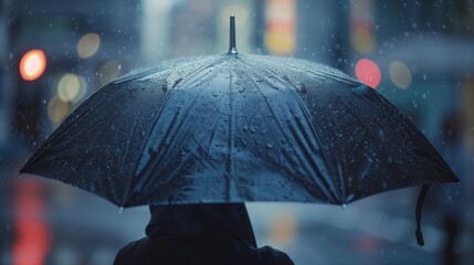 Rain on umbrella, cloudy raining day in city street, weather, emotion, lonely.
