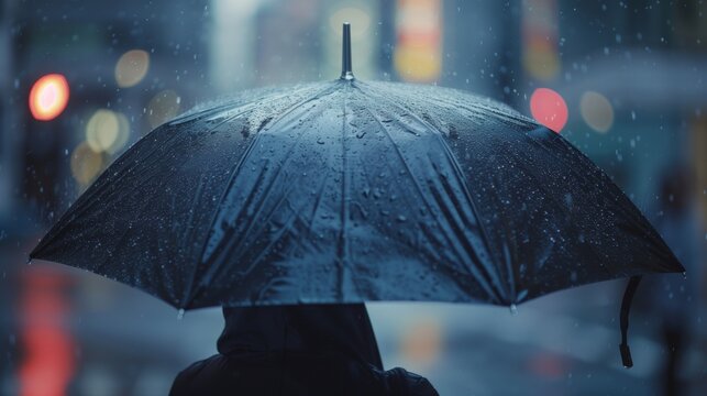 Rain on umbrella, cloudy raining day in city street, weather, emotion, lonely.