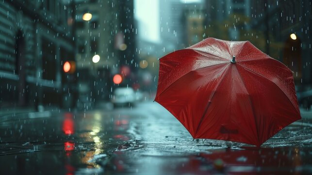 Rain on umbrella, cloudy raining day in city street, weather, emotion, lonely.